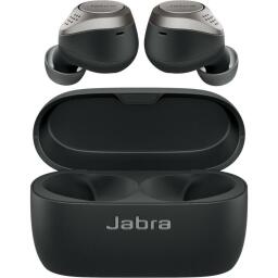 Pair of Jabra Elite 75t True Wireless earbuds with the charging case on a white background.