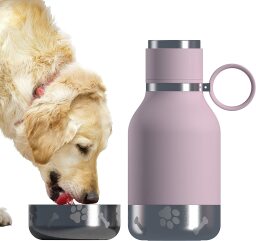 a dog drinking from the detachable bowl of an asobu dog bowl bottle