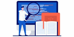 Man with magnifying glass on screen