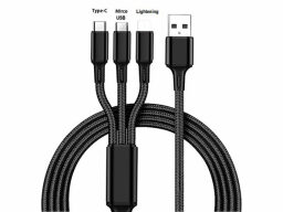 Black charging cable with three ports and a USB head