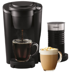 keurig k-latte with milk frother and cups of coffee