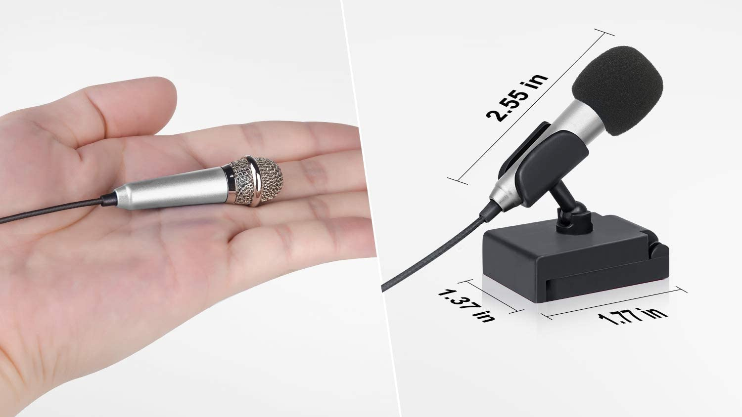 Side-by-side images of mini microphone in the palm of a hand, and microphone in a tiny microphone stand