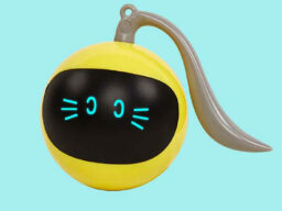 Smart and Interactive Self-Rotating Ball Cat Teaser on a blue background.