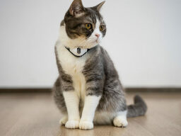 A cat using the KiTiDOT: The Amusing Cat Collar Toy.