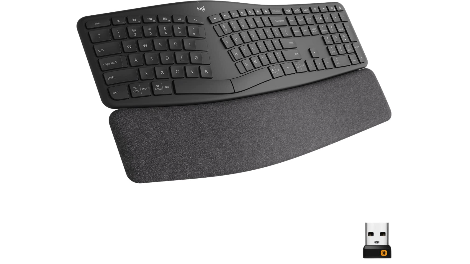 Ergonomic keyboard with keys at an angle and curved shape