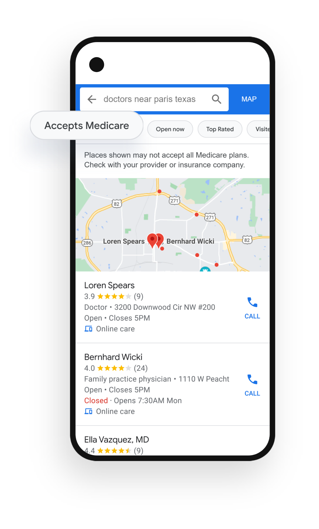 A screenshot showing a Google search for a doctor, with the ability to filter by "Accepts Medicare."