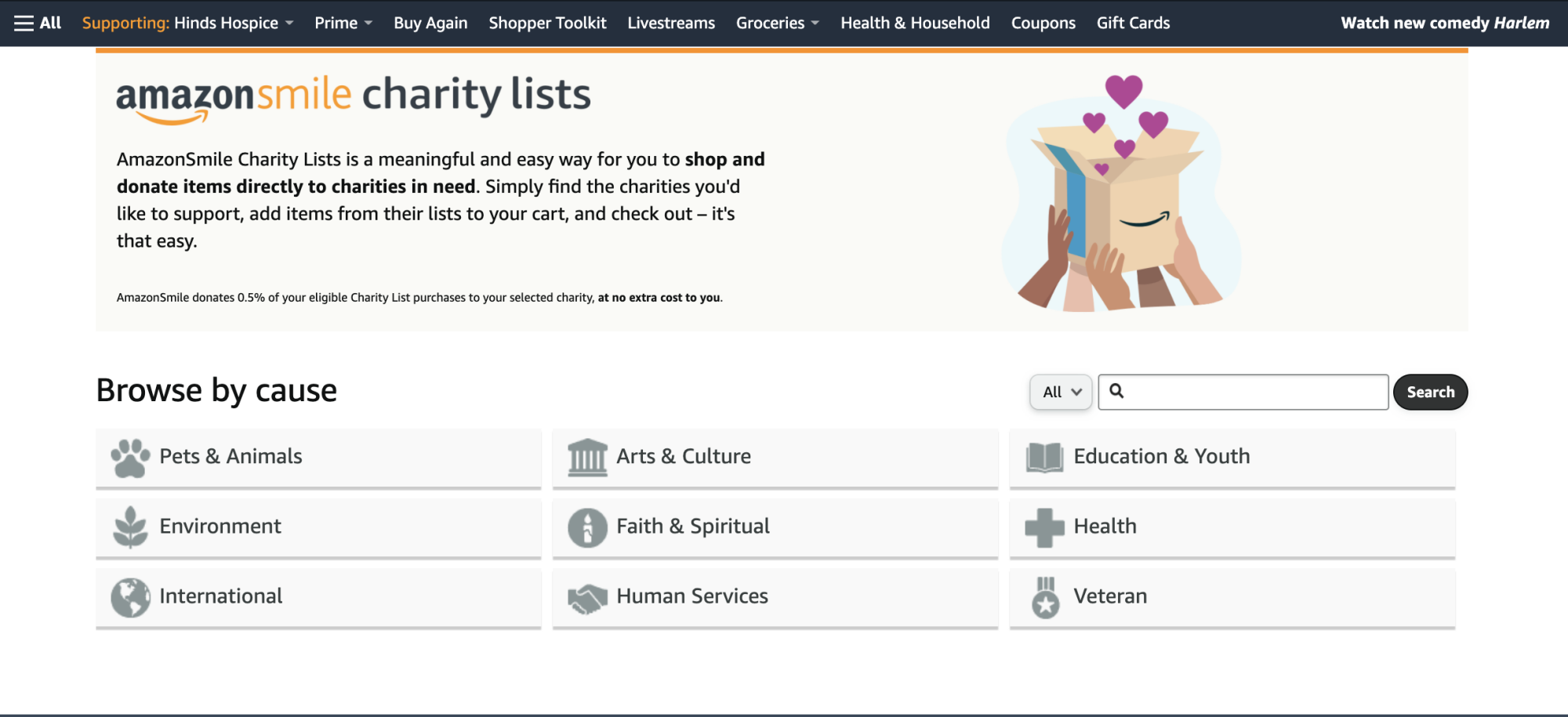 A screenshot of Amazon's charity lists page. 