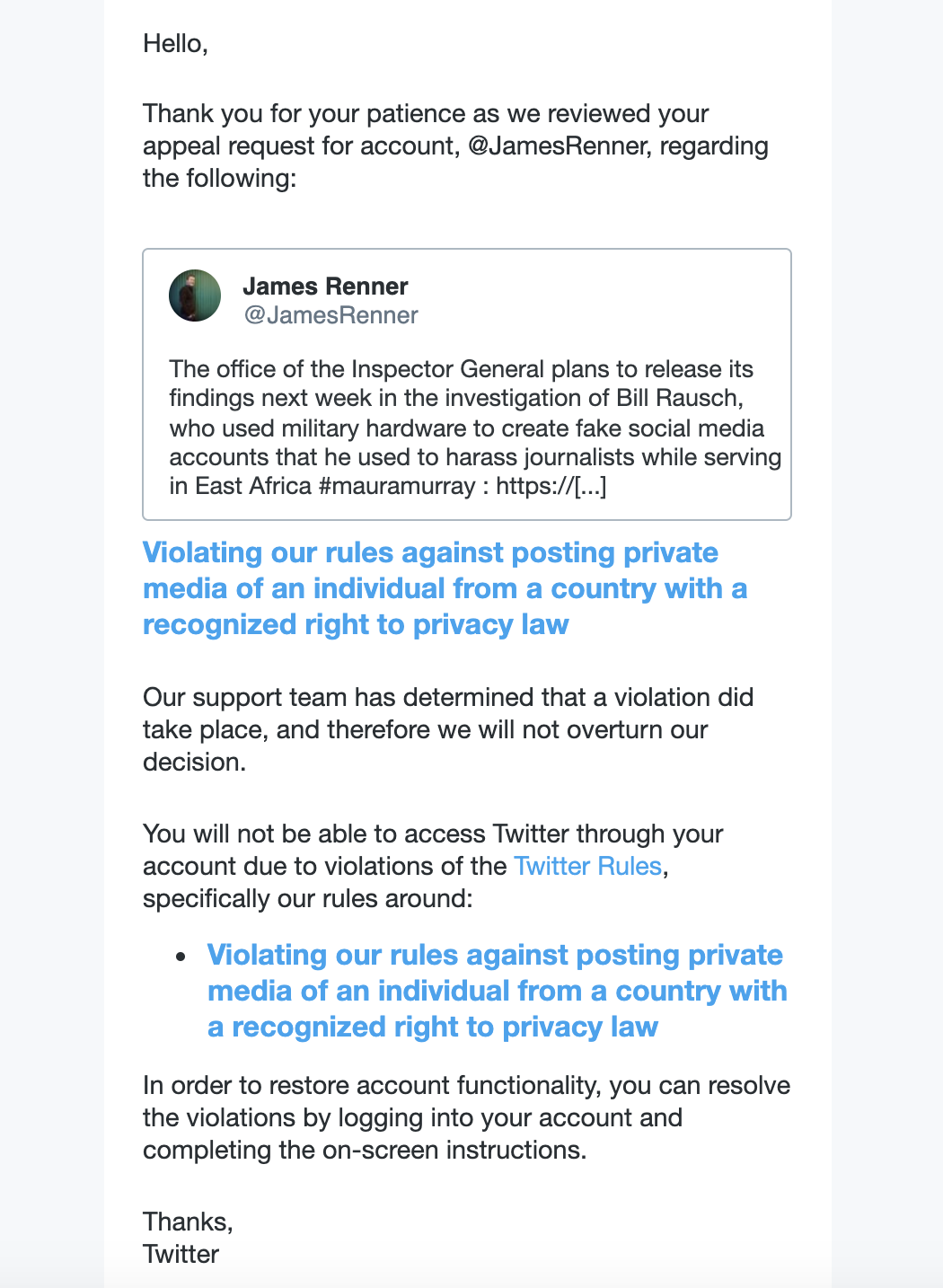 Twitter warning to James Renner