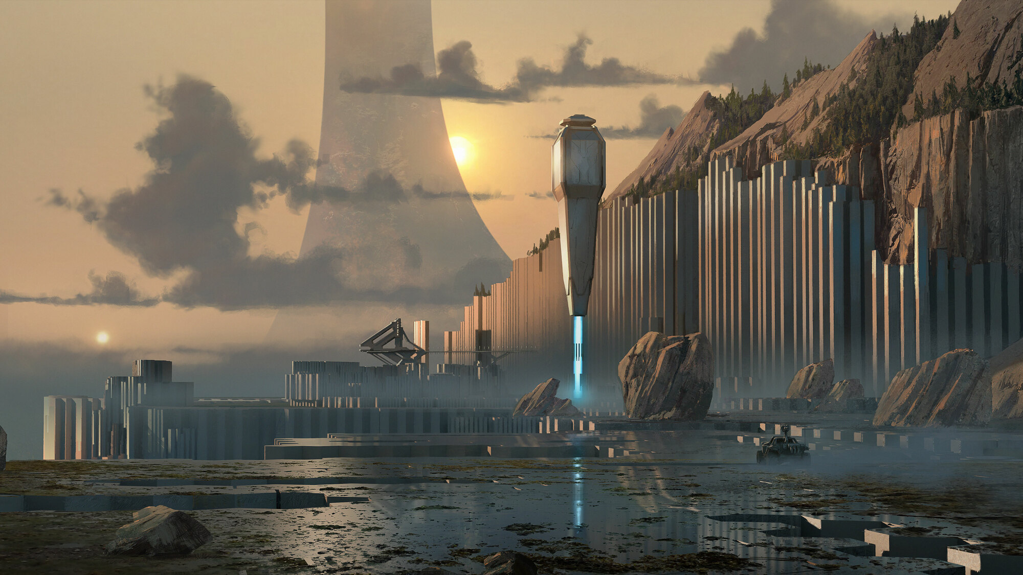 Concept art for "Halo Infinite" showing the alien landscape on the surface of Zeta Halo, a ring-shaped superweapon with a mountainous landscape spread across the inner surface of the ring.