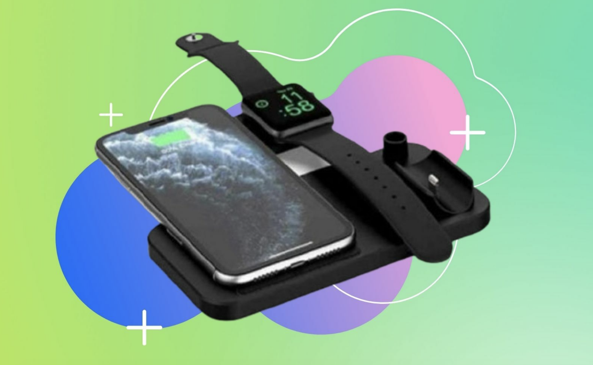a four in one wireless charging station on a colorful background