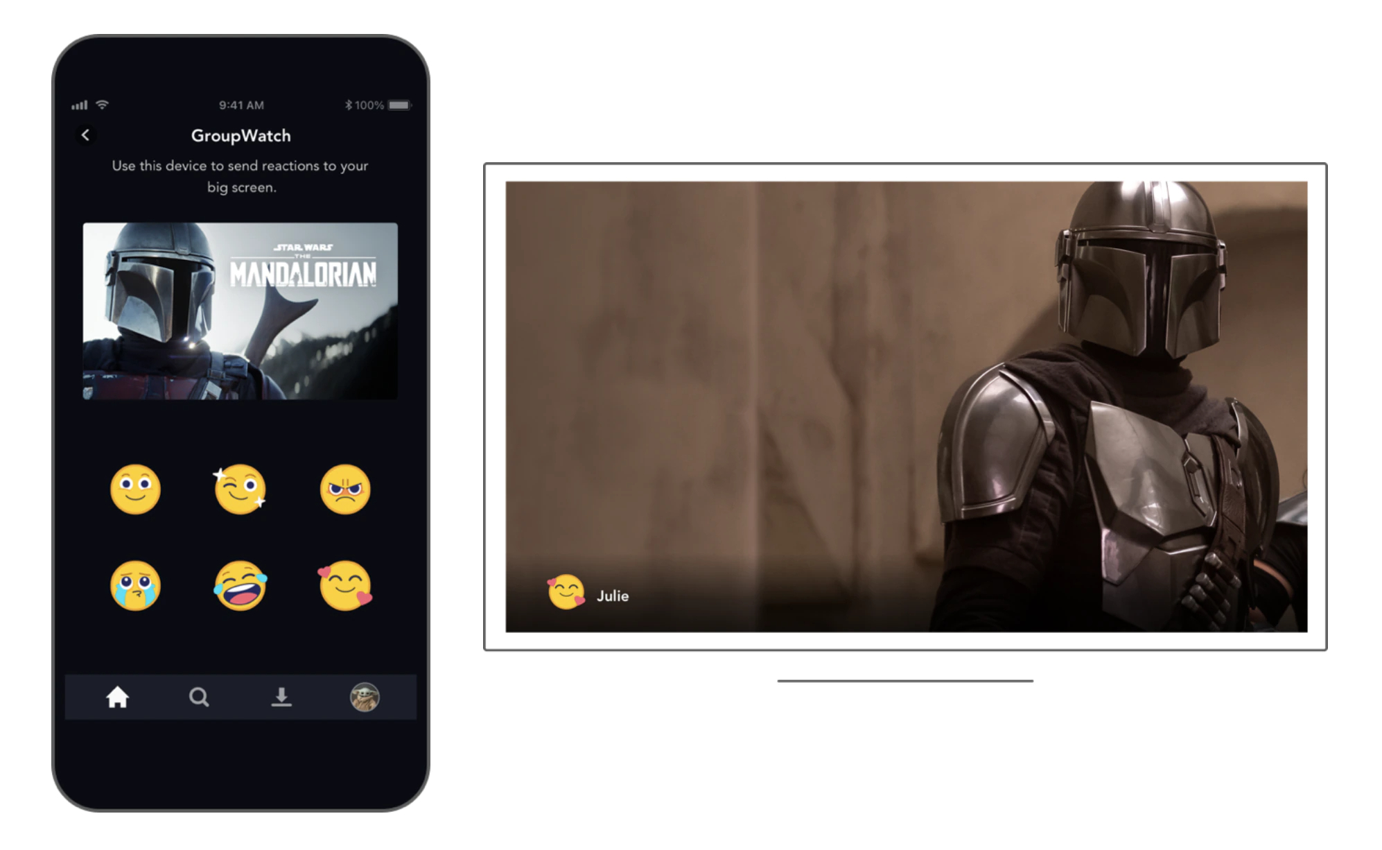 On the left, image of "The Mandalorian" promo above the six emoji you can use; on the right, still from the movie and a face with hearts emoji.