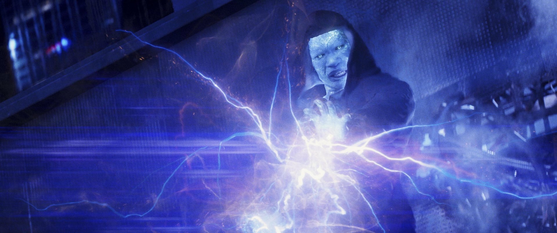 Electro sending a blast of blue electricity towards the camera in "The Amazing Spider-Man 2"