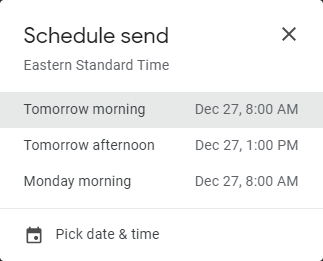A screenshot of Gmail's "Schedule send" email scheduling window.