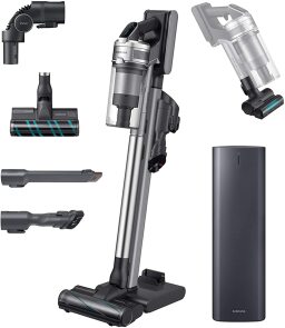 Black and silver stick vacuum with parts