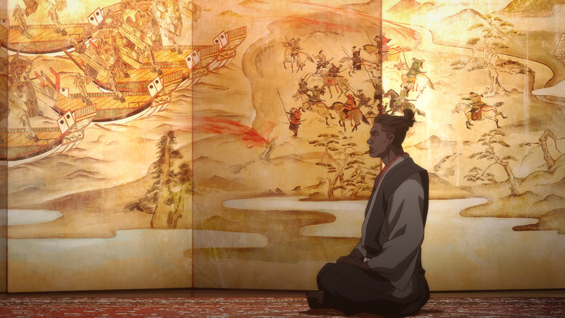 A black samurai sitting in seiza in front of a painted screen.