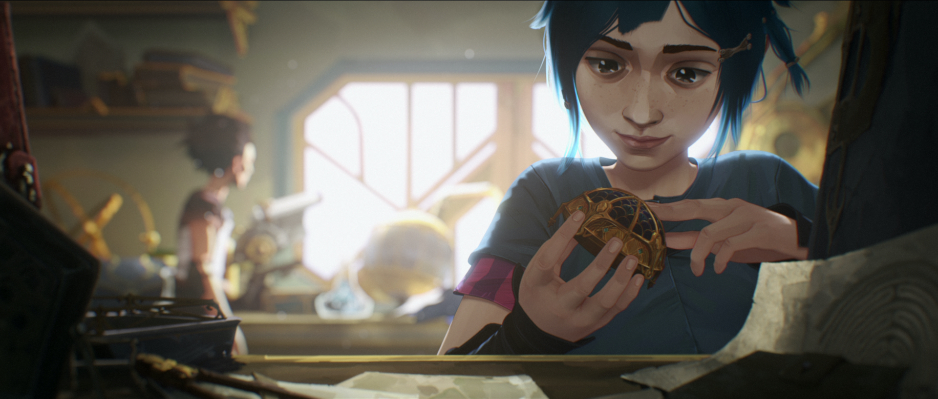 A young girl with blue hair picks up a metallic box in a steampunk laboratory.