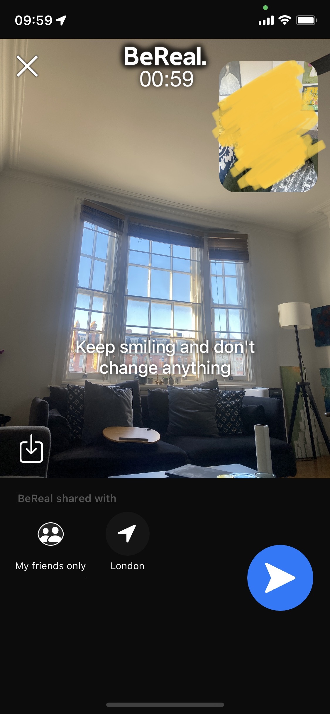 A screenshot of the app screen where you take a photo, with two windows: one for the setting in front of you and the second being a selfie.