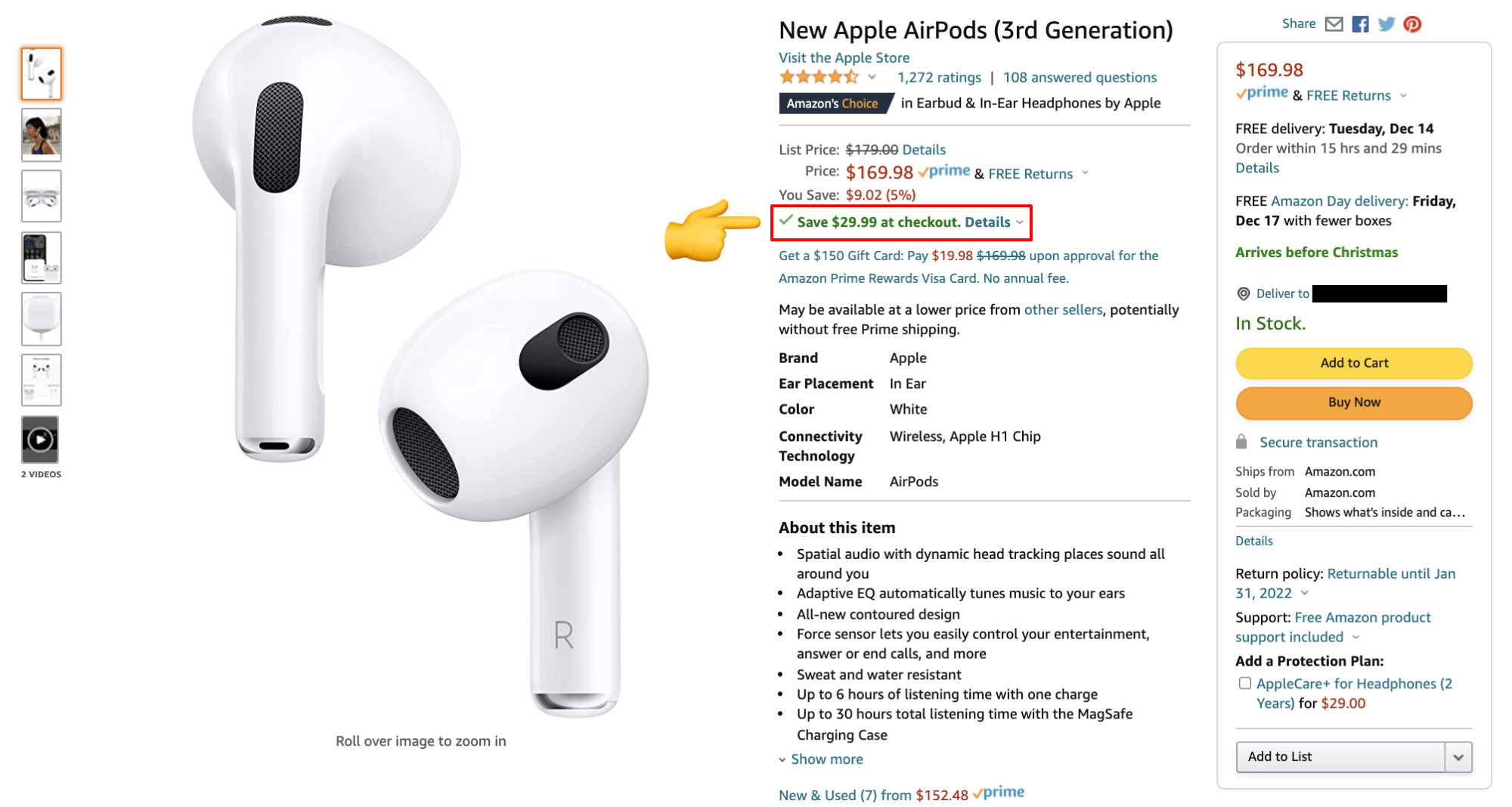 a screenshot of the airpods 3 product page on amazon with a hand emoji pointing to their coupon