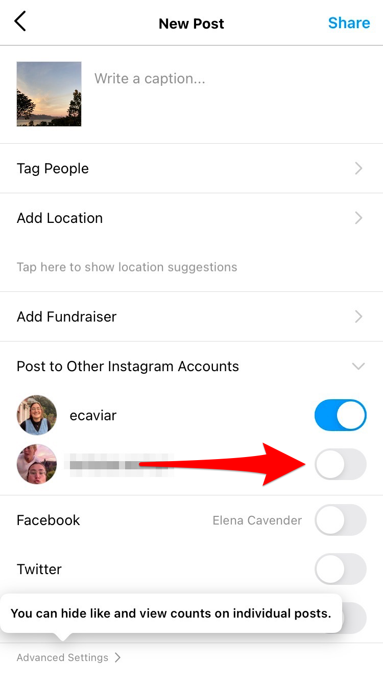 screenshot of instagram posting page featuring multiple accounts