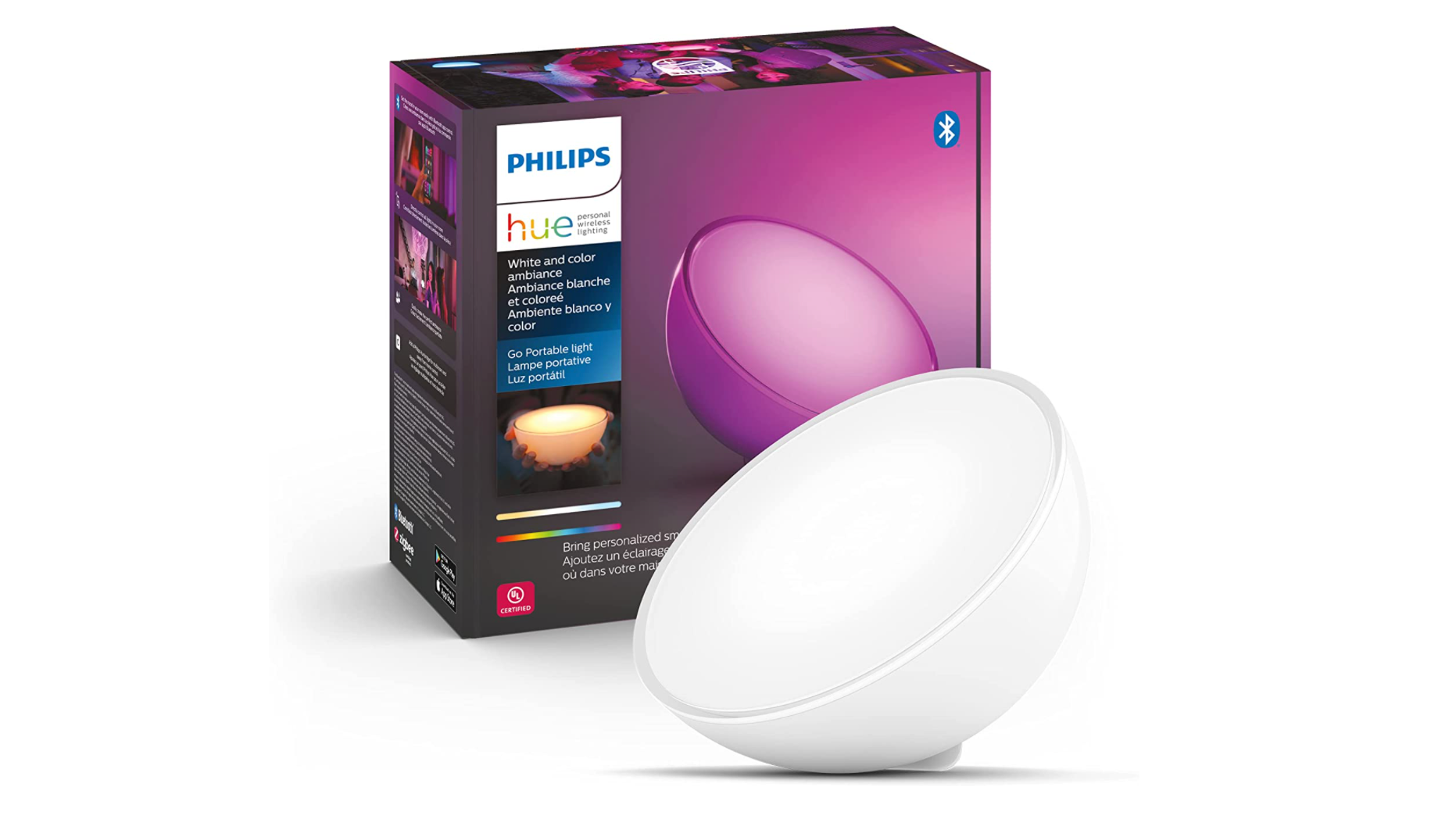 Bowl-shaped smart lamp next to the product box