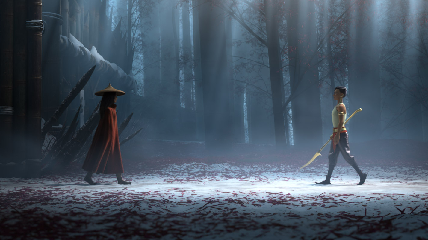 Two women walk towards each other in a snowy forest