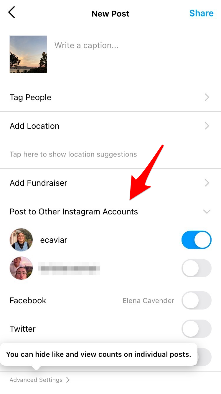 Screenshot of instagram posting page