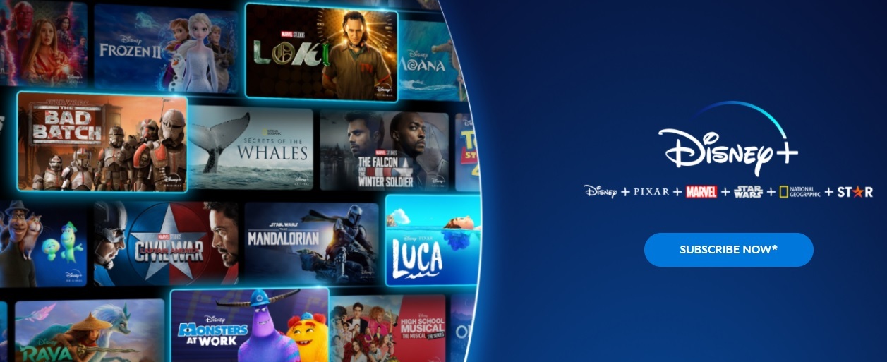 Disney+ subscription promotion screen featuring movies like "Frozen II," "Loki," and "The Mandalorian."