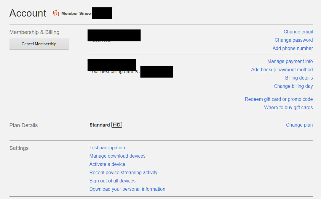 A screenshot of the Netflix account settings page, as seen in a web browser.