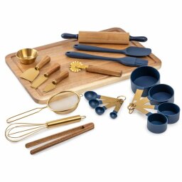 navy and wood bakeware set