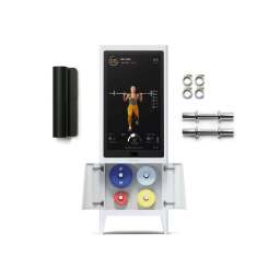 Trainer on a screen that sits atop a cabinet that holds weights and workout equipment.
