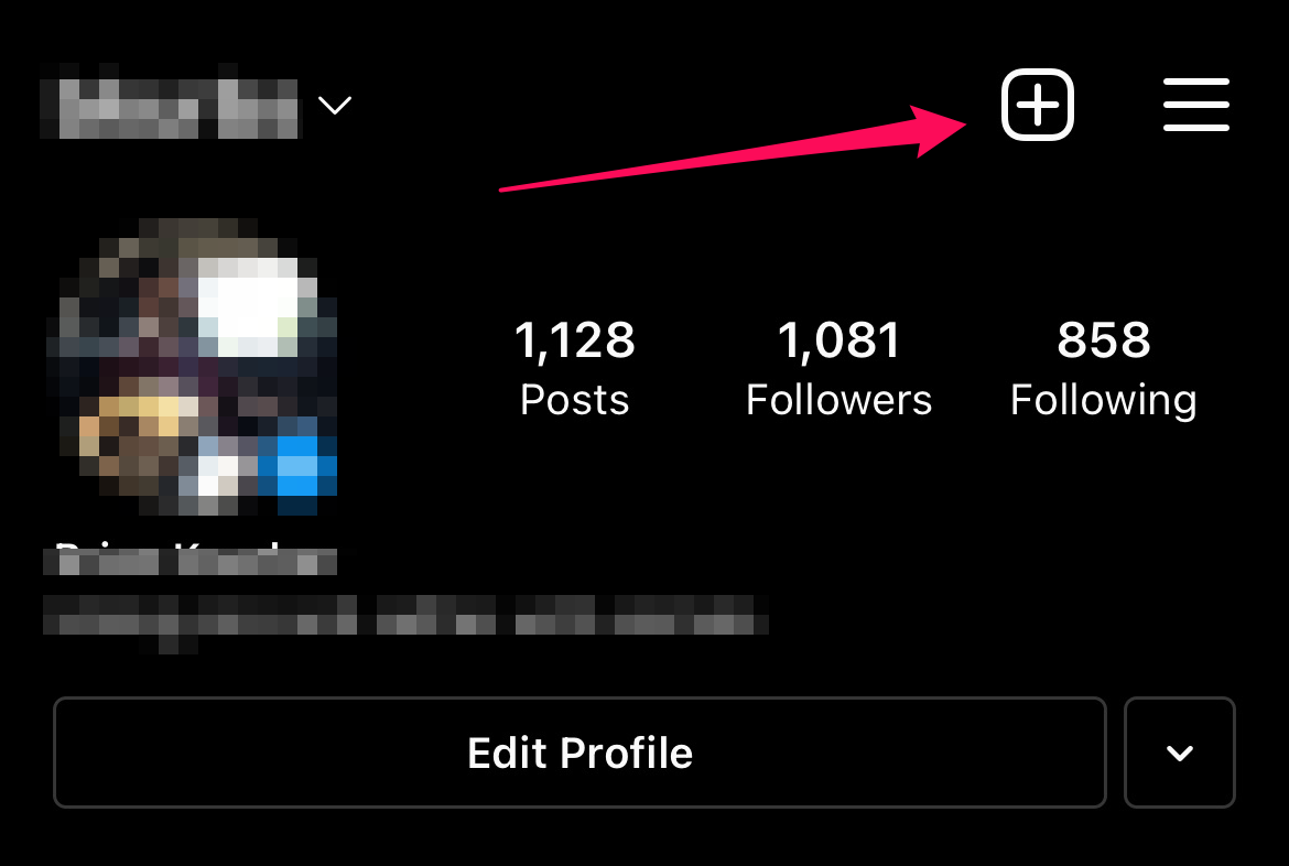 screenshot of instagram profile page with arrow to plus sign