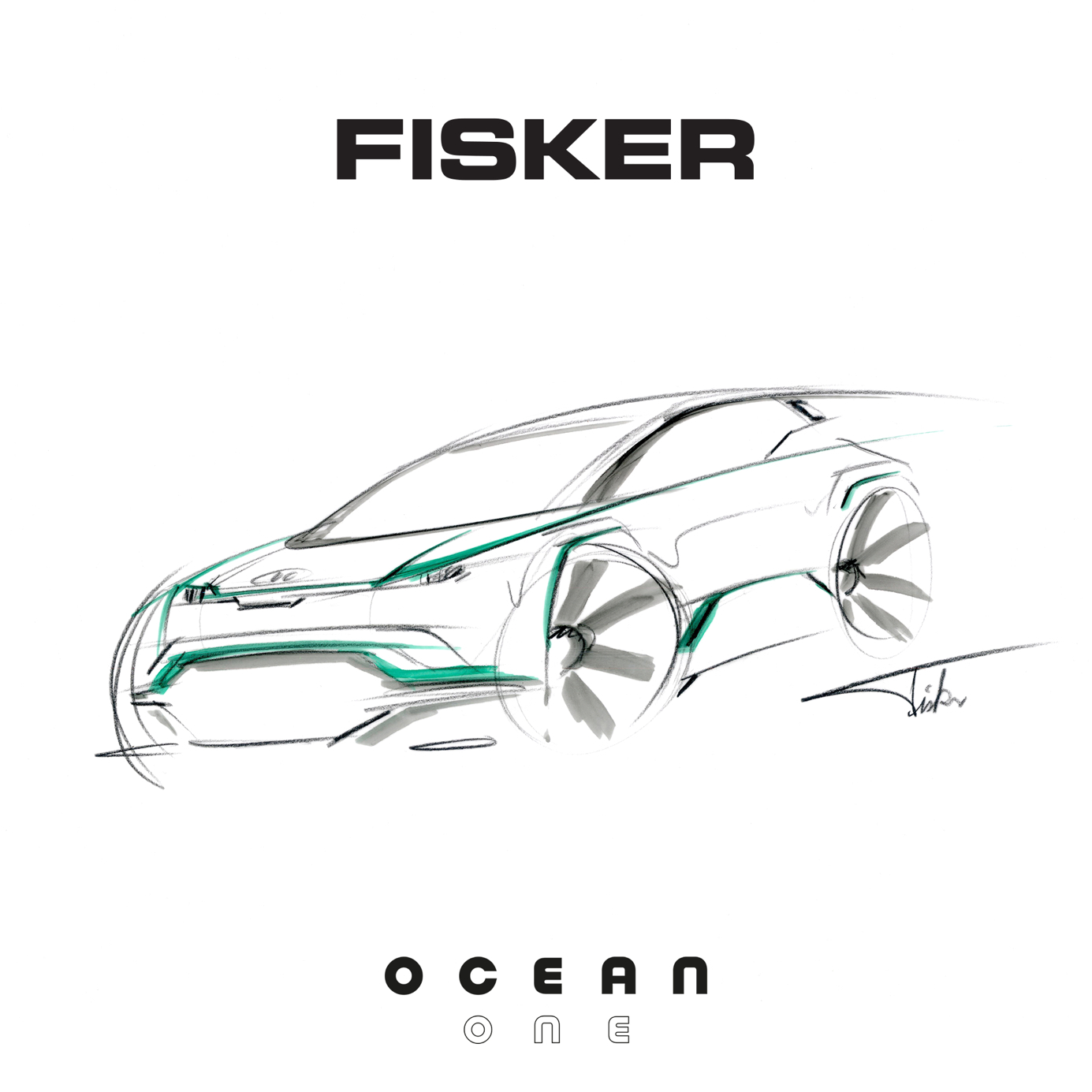A sketch of a car with the words "Fisker Ocean One."