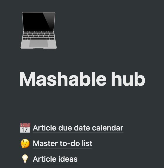 Landing page for the Mashable hub, with specific pages like my due date calendar listed.