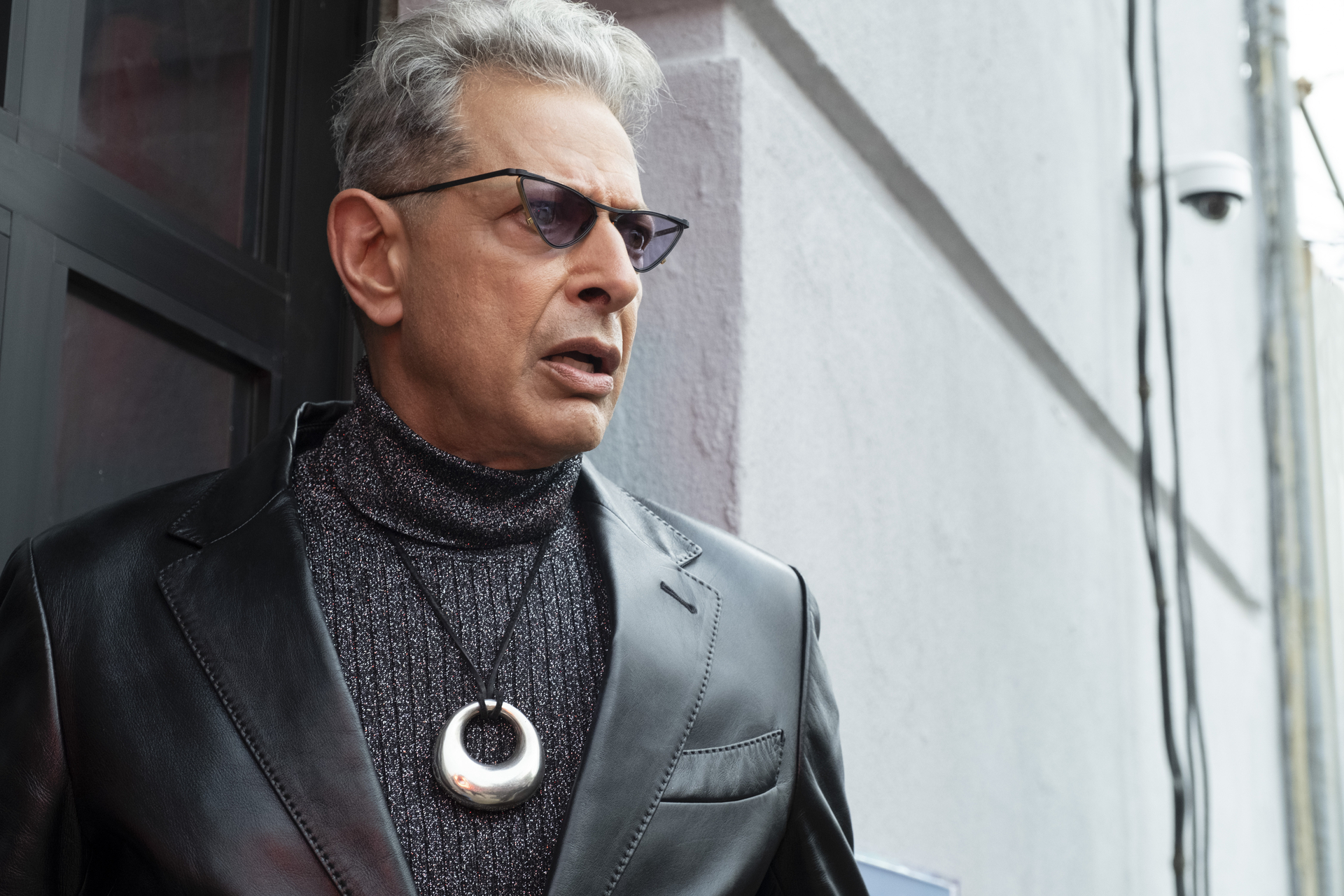 Close up on actor Jeff Goldblum wearing thick black glasses in "Search Party."