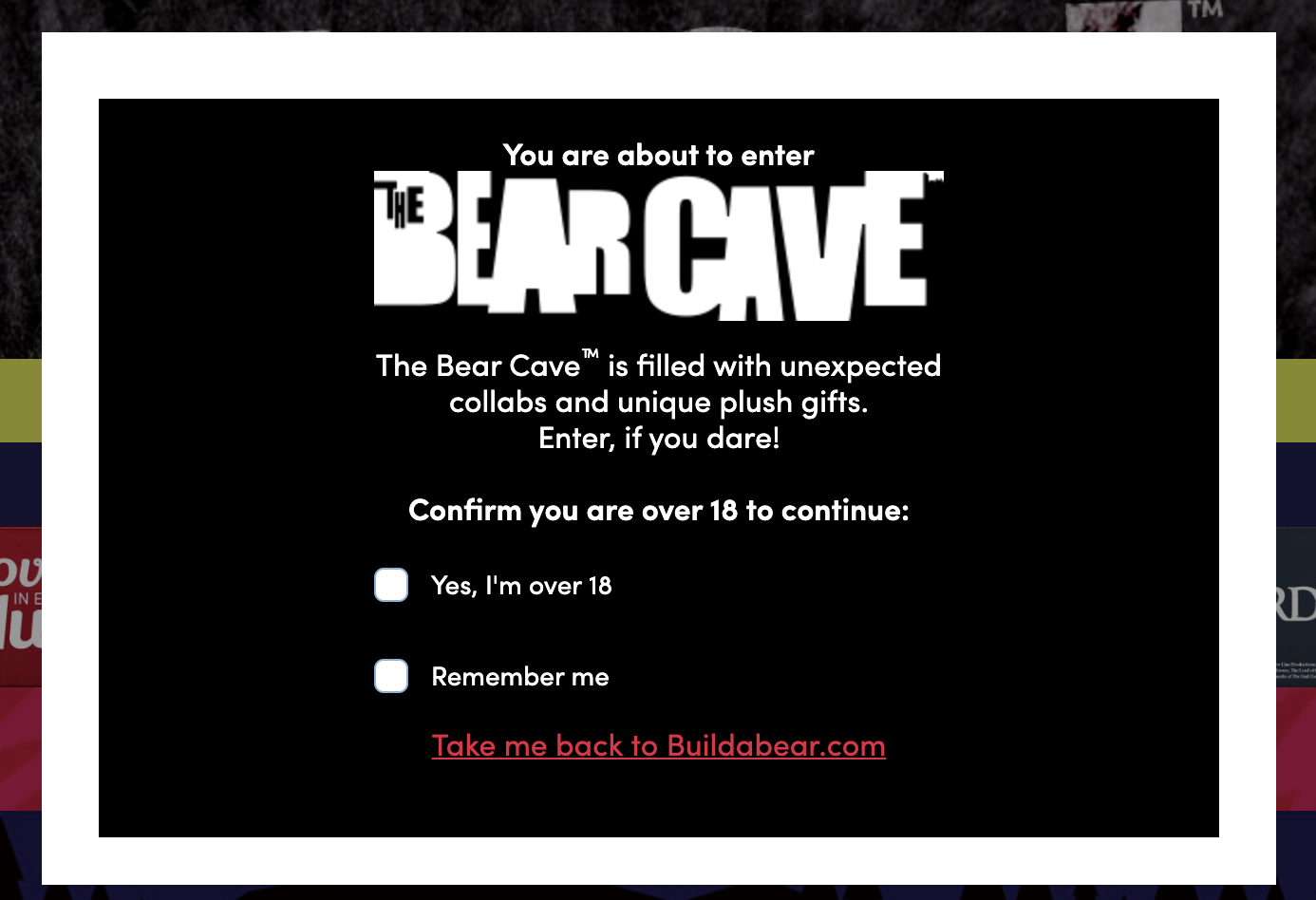 A pop-up on Build-A-Bear's website requires visitors to confirm they are over the age of 18.