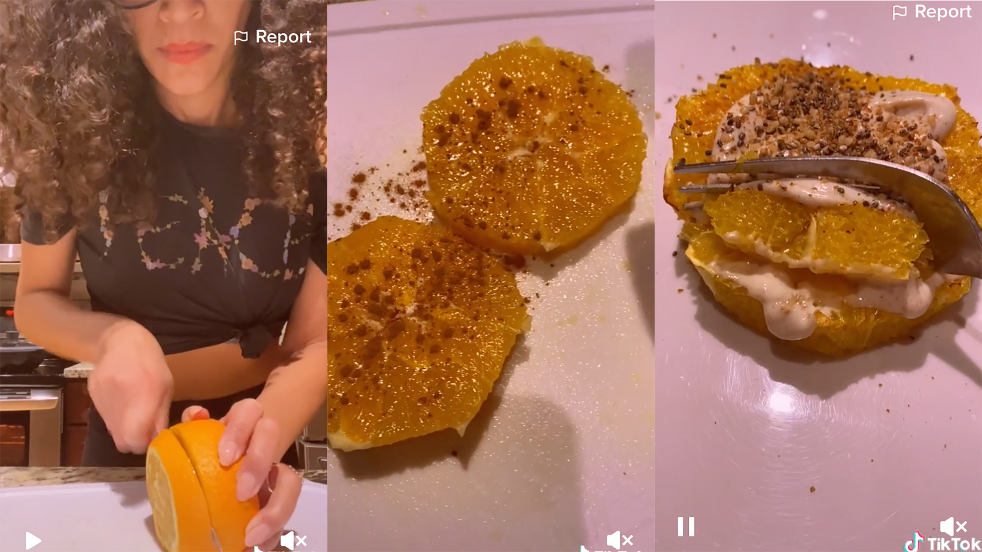 air fried oranges being chopped, seasoned, and eaten