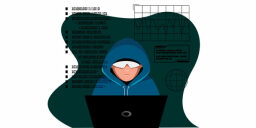 Graphic of person in hoodie and glasses sitting in front of laptop with binary code behind them