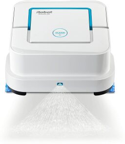 White and blue square robot mop with water spray