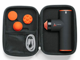 Black and orange massage gun in case with orange heads and cable