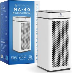 White air purifier in front of blue box