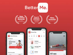 Phones with screens from the BetterMe three-year subscription on a red background.