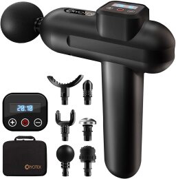 Black massage gun with six interchangeable heads