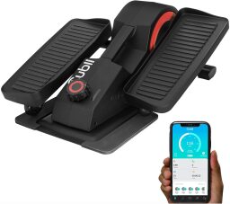 Black and orange elliptical machine with hand holding phone open to app under it