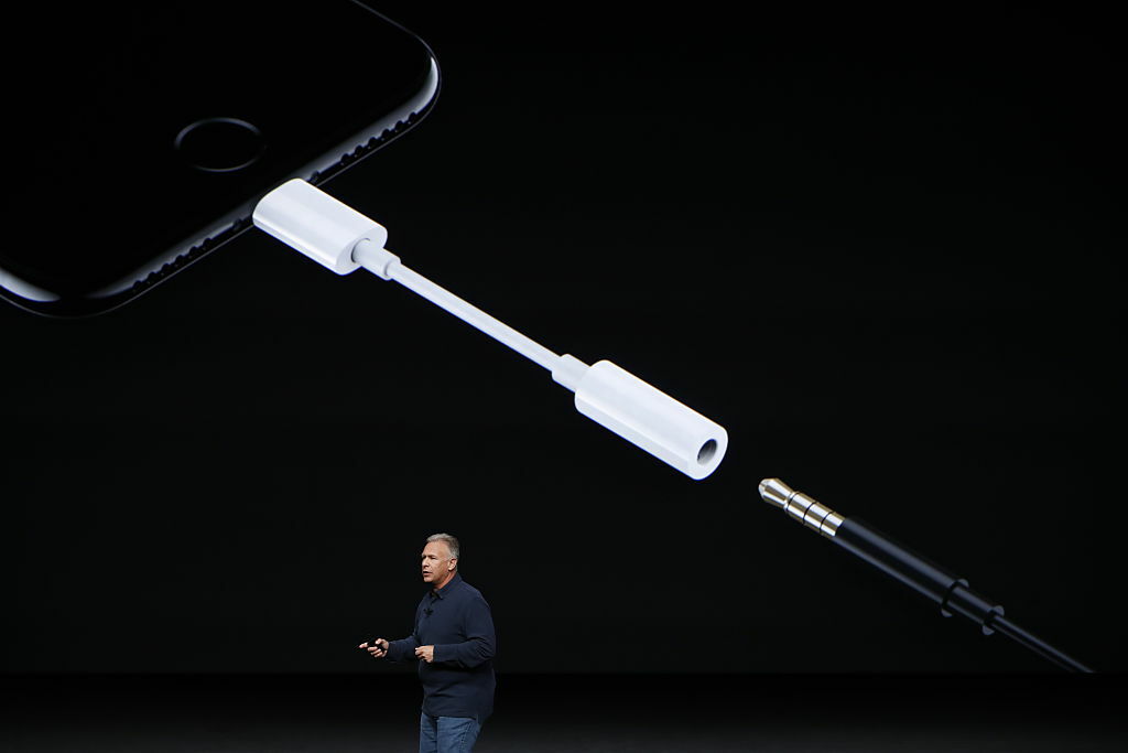 Image of Phil Schiller Senior Vice President of Worldwide Marketing talking about the headphone adapter on the iPhone 7
