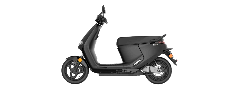 A black moped as seen from its side.