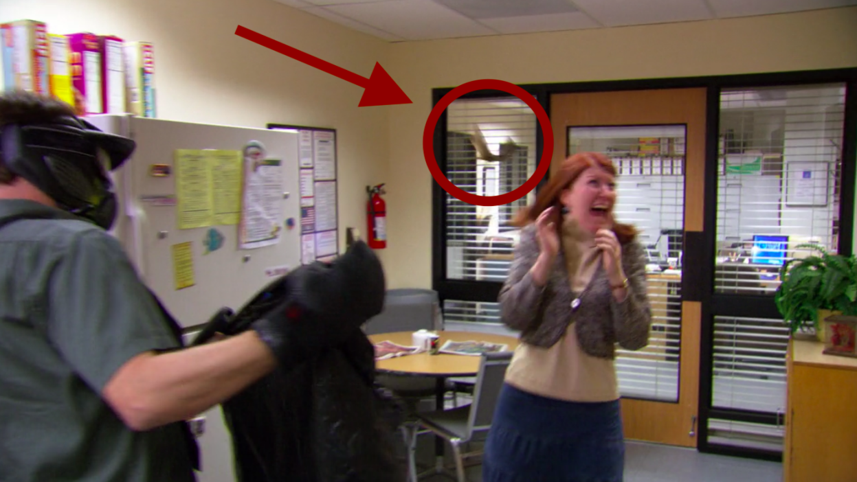 A man and a woman, Rainn Wilson and Kate Flannery, trying to catch a bat in their office.