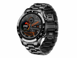 Black watch with heart rate, date, steps, and speed displayed