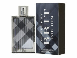 Cologne bottle in blue plaid next to Burberry Brit box