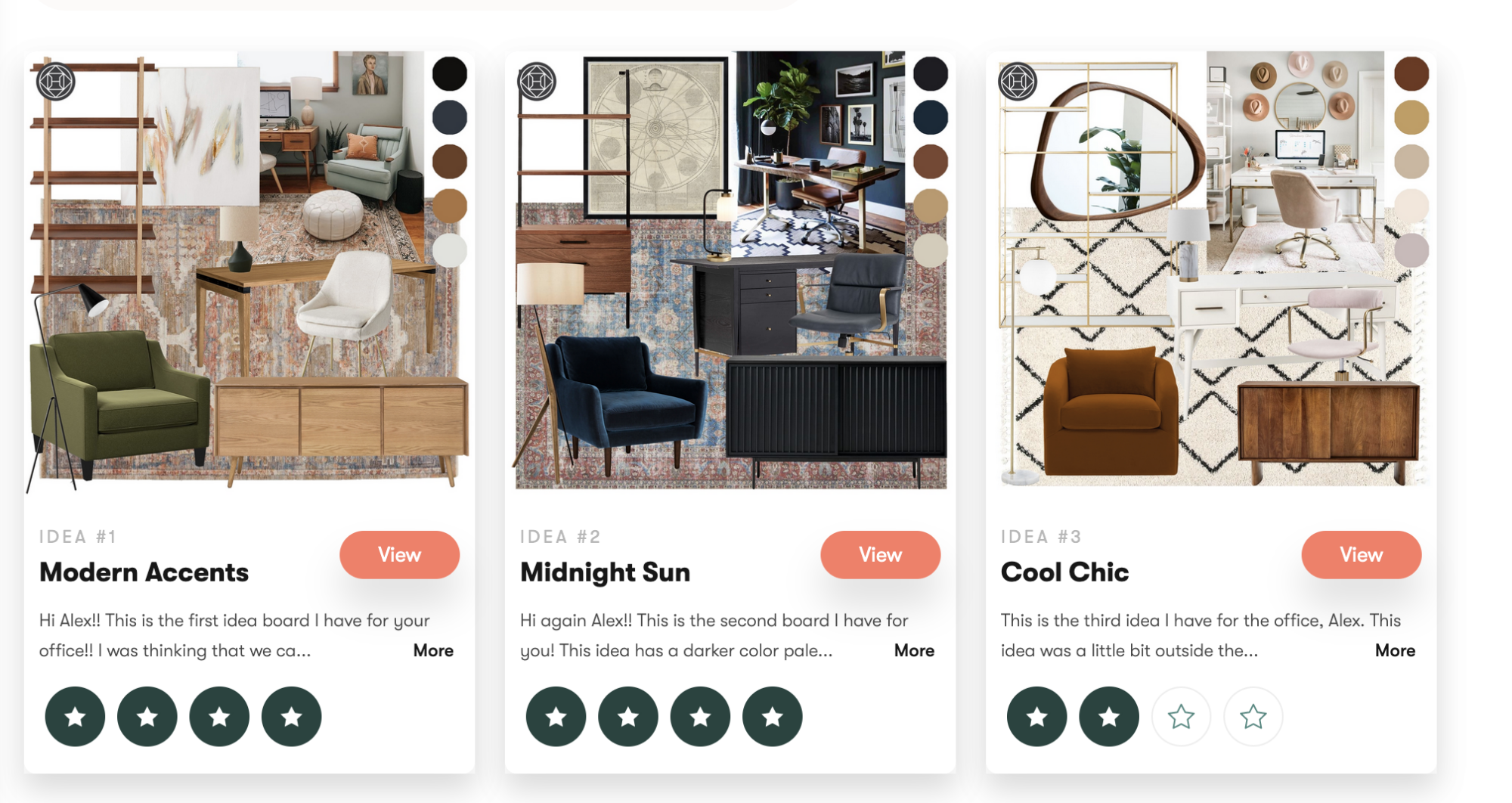 Three slightly different collages of furniture and color palettes