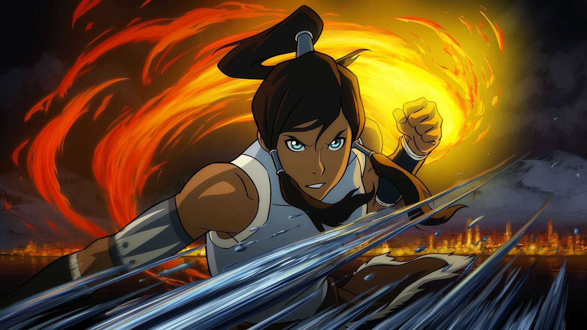 An animated young woman surrounded by water and fire